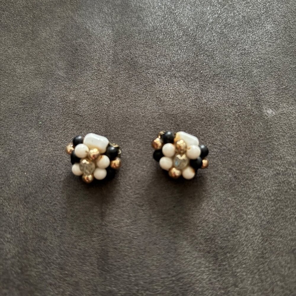 Vintage Cluster Clip-On Earrings Black White Gold Beads Retro Costume Jewelry